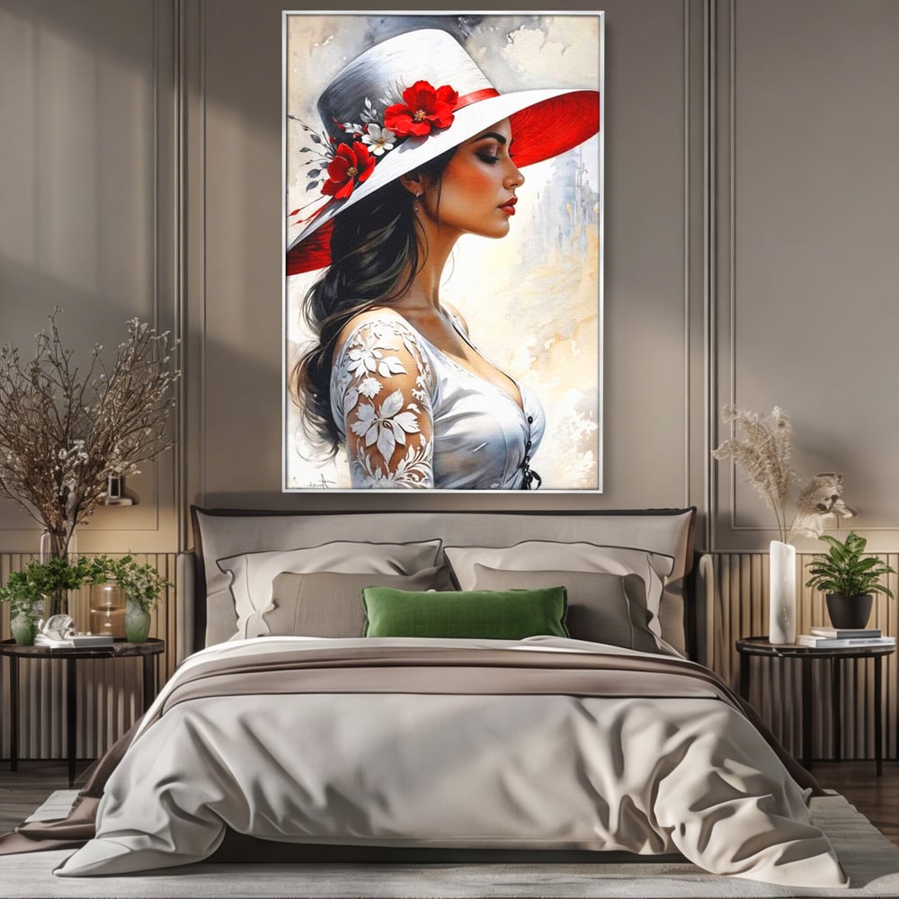 Tablou canvas cu tablou canvas cu profil de doamna, in rama de aluminiu argintiu, pe perete intr-un dormitor